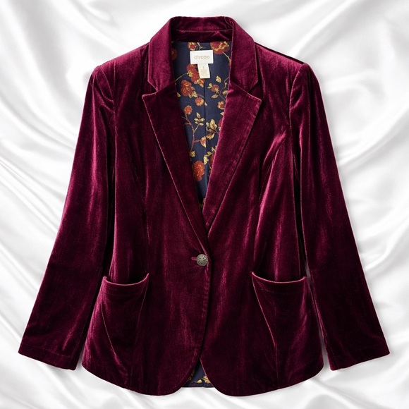 Chico’s Velvet Blazer Size M Wine Plum Burgundy Floral Lining Holiday Party - Picture 16 of 16